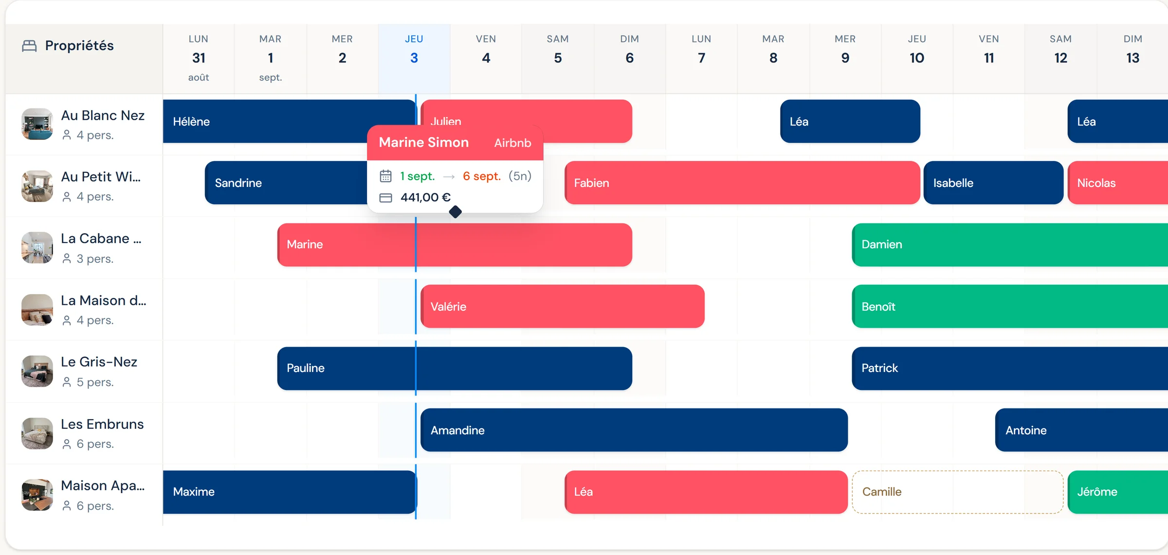 Le calendrier BedLink : sept logements sur quatorze jours, chaque réservation colorée selon sa plateforme, et le détail d'un séjour Airbnb