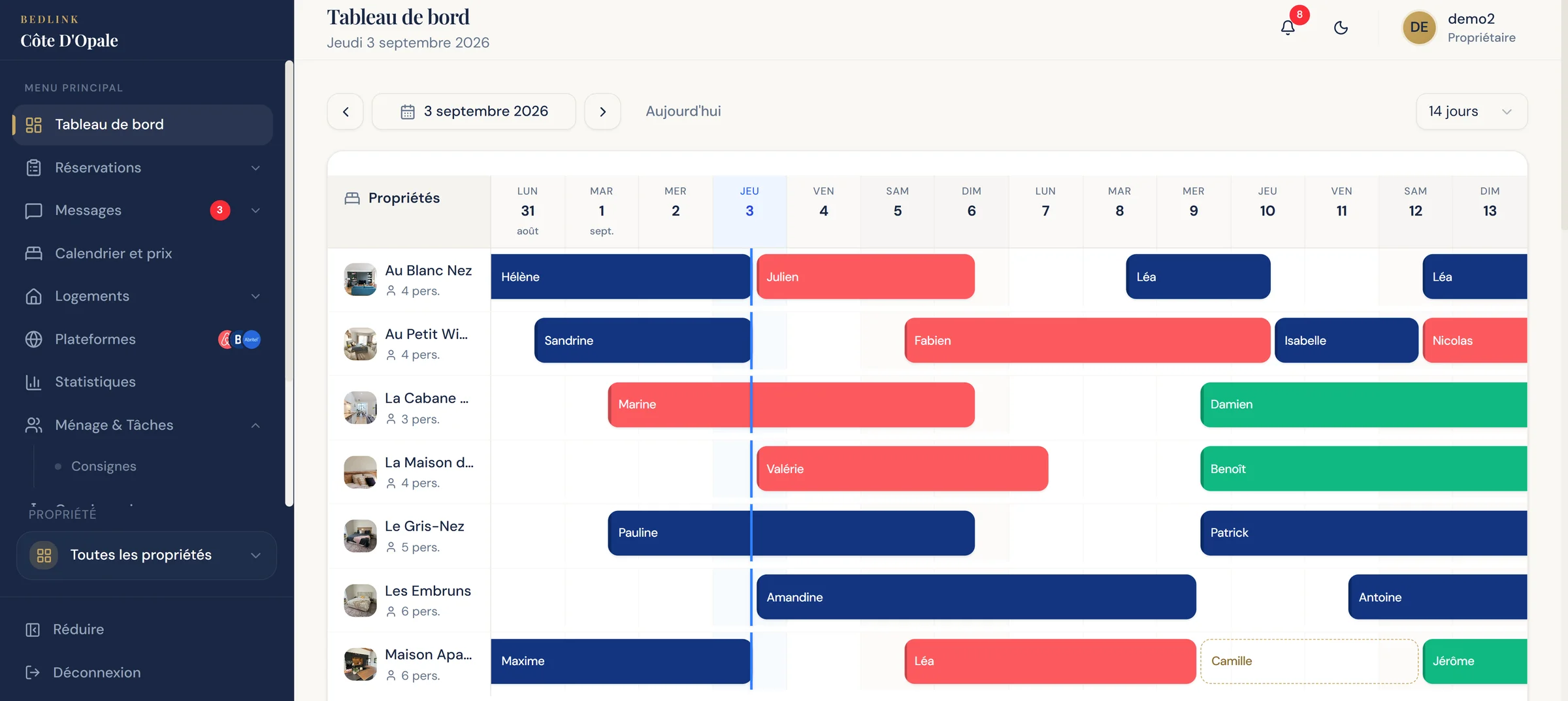 The BedLink dashboard: the side menu and the calendar of seven properties over fourteen days, each booking colored by its platform