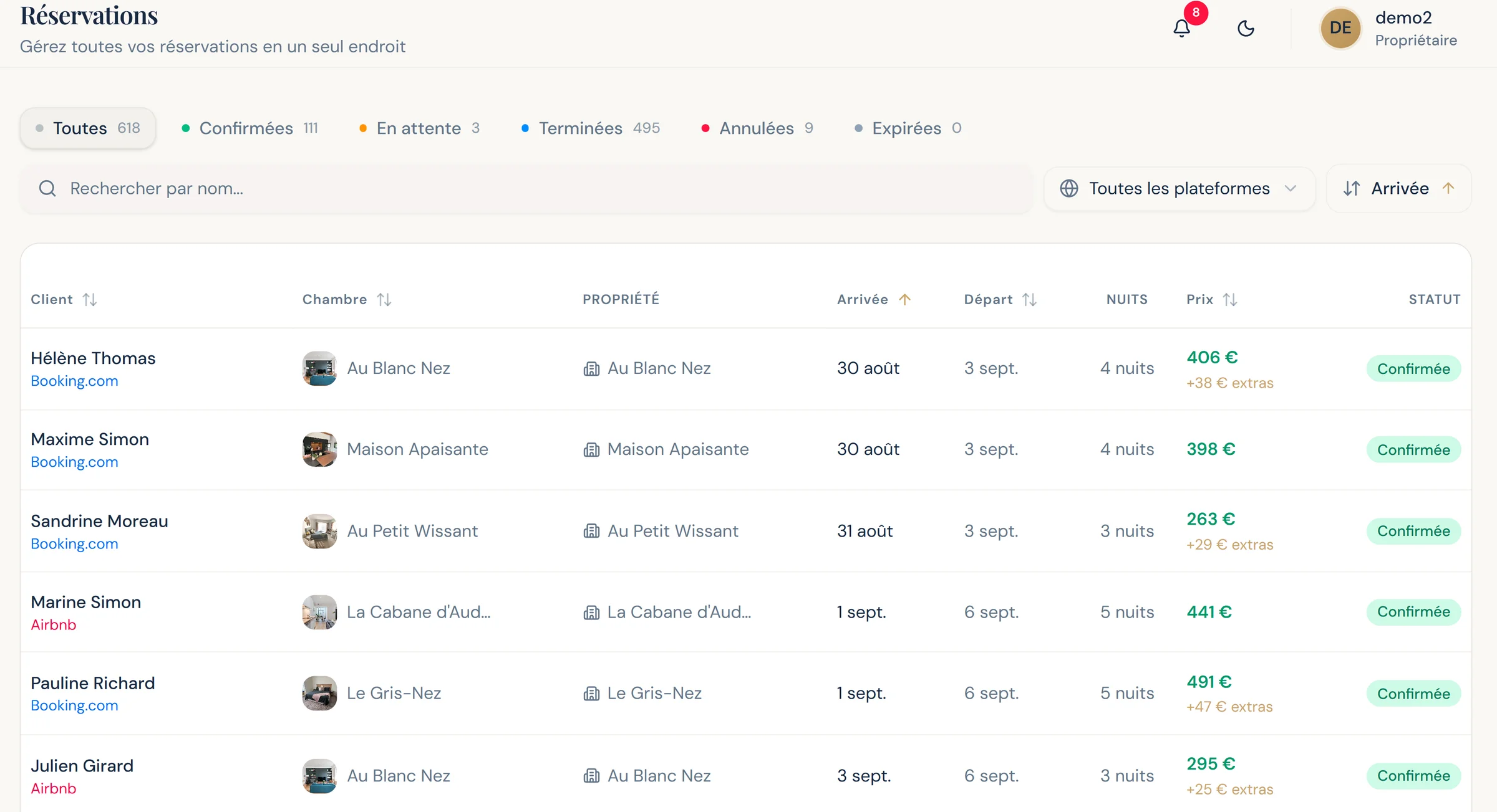 The BedLink bookings list: each stay with its guest, platform, dates, number of nights and price, all channels combined