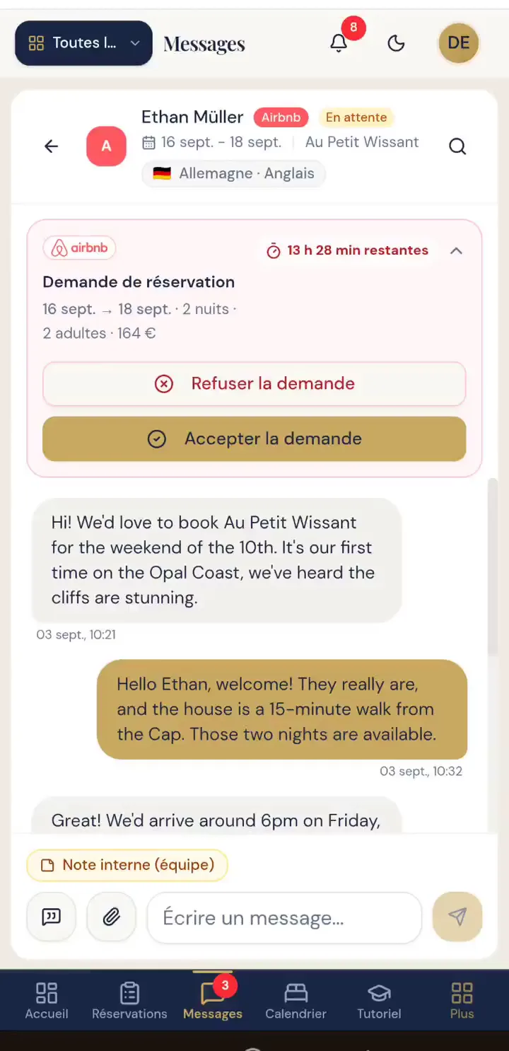 The BedLink mobile app: an Airbnb booking request accepted from the inbox
