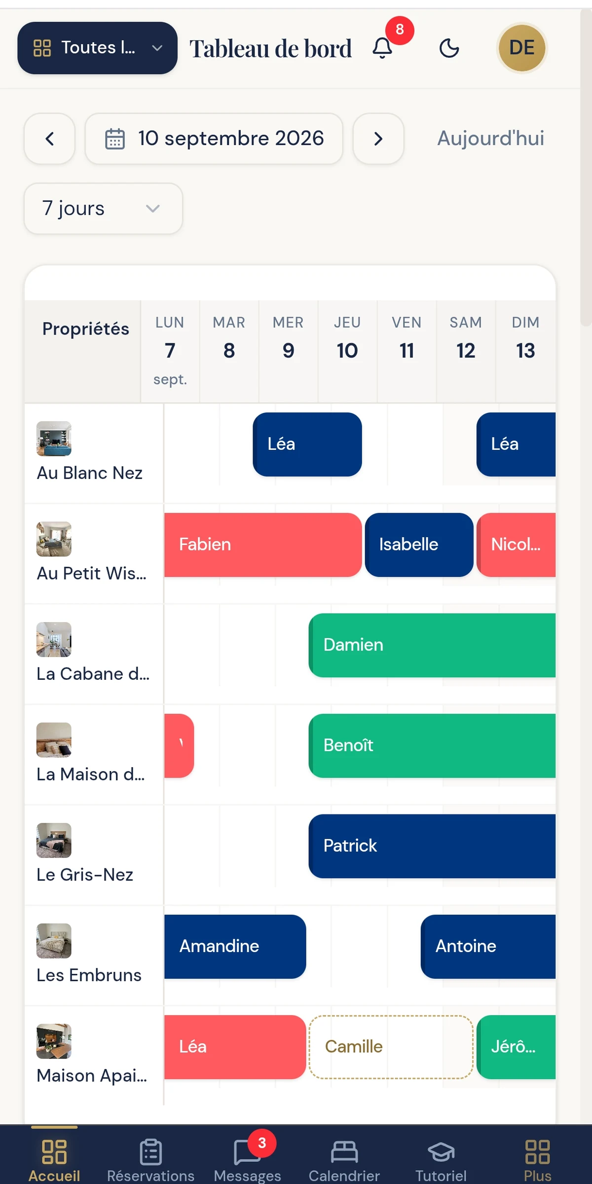 L’application mobile BedLink affichant le calendrier des réservations