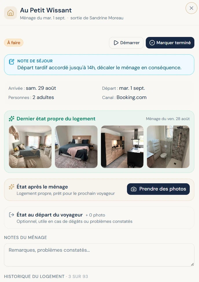 The BedLink housekeeping sheet: check-out time, stay note, photos of the property's clean state and a “Mark as done” button