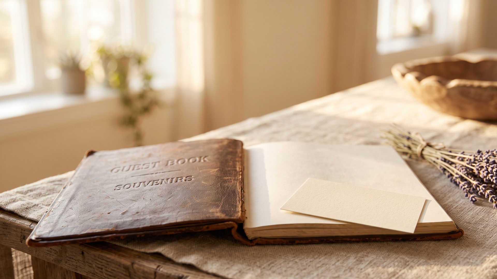 Livre d'or ouvert sur une table en bois, une carte vierge glissée entre les pages, lavande séchée à côté